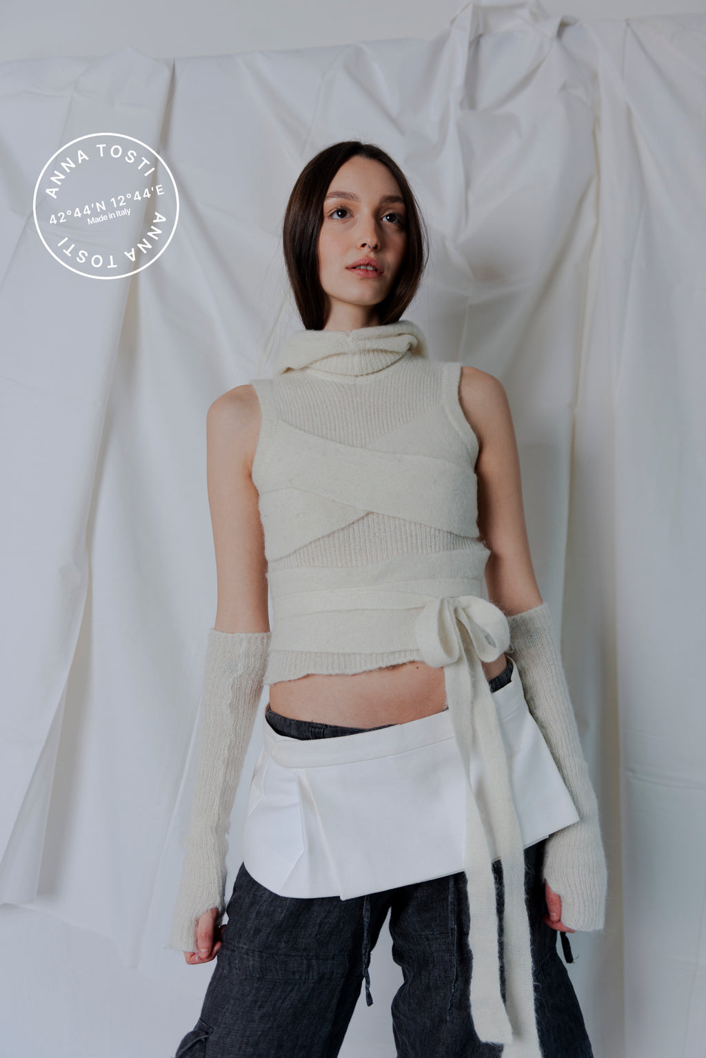 hooded knit top con cintura obi anna tosti